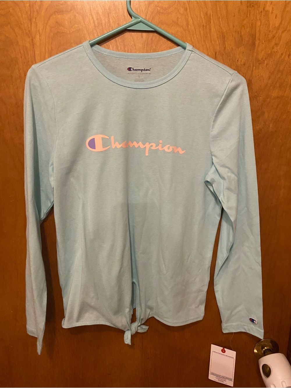 Champion Light green Long Sleeve Tee with Pink Logo and Front Tie